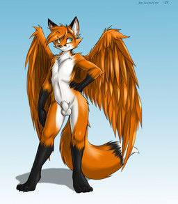 animal_genitalia anthro balls bangs biped black_body black_fur blue_eyes canine_genitalia casual_nudity countershade_face countershade_legs countershade_thighs countershade_torso countershading digitigrade dipstick_tail feathered_wings feathers fox_ears fox_tail fur genitals gradient_background hair looking_at_viewer male male_anthro markings nude nude_anthro nude_male orange_body orange_fur penis pose sheath short_hair simple_background solo tail tail_markings text three-quarter_view white_body white_fur wings jackunator canid canine fox mammal artist_name digital_drawing_(artwork) digital_media_(artwork) english_text full-length_portrait handwritten_text hi_res portrait shaded soft_shading