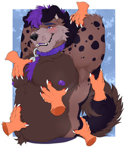 anthro armpit_tuft belly black_body black_fur black_spots brown_body brown_fur claws clothing collar curled_tail dark_body dark_fur embarrassed floating_hands floppy_ears fondling fur hair hands_behind_head male mostly_offscreen_character musclegut muscular nipples orange_body orange_fur purple_body purple_collar purple_fur purple_hair purple_nipples purple_tongue slightly_chubby spots tail tongue underwear bluezeru rydgedshep_(character) sukairaakuma_(character) canid canine canis domestic_dog german_shepherd herding_dog mammal pastoral_dog sergal half-length_portrait hi_res portrait