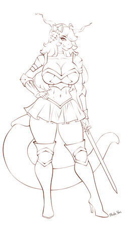 accessory anthro armor big_breasts boots bottomwear breasts clothing female footwear hair hair_accessory hand_on_hip high_heeled_boots high_heels holding_melee_weapon holding_object holding_sword holding_weapon horn leaf melee_weapon shoes skirt solo standing sword tail thick_thighs warrior weapon mishi_shes melonie_(spirit_shadow) kobold scalie watermelon_kobold absurd_res hi_res sketch