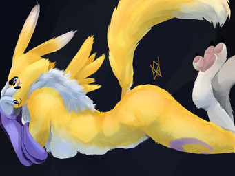 arched_back ass_up black_sclera blue_eyes clothing female fur gloves hand_on_head handwear looking_at_viewer lying on_front raised_tail side_view solo tail white_body white_fur yellow_body yellow_fur nahadon bandai_namco digimon digimon_(species) humanoid renamon 4:3