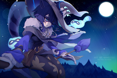 ambiguous_gender aurora_(phenomenon) blue_eyes blue_hair breasts broom broom_riding cape cleaning_tool clothing facial_markings female feral fishnet_clothing fishnet_legwear flying full_moon group hair hat head_markings headgear headwear humanoid_focus legwear markings mask_(marking) moon night outside smile sparkles star tail witch_hat nanoless vtuber snuffy animal_humanoid humanoid mammal mammal_humanoid procyonid procyonid_humanoid raccoon raccoon_humanoid spirit 2022 3:2 digital_media_(artwork)