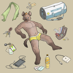 anthro backpack bottle brown_body bulge clothed clothing container electronics hair key looking_away male markings phone simple_background solo spots spotted_body tail towel underwear underwear_only wallet djmoonlycan hyena mammal spotted_hyena 1:1 2026 hi_res