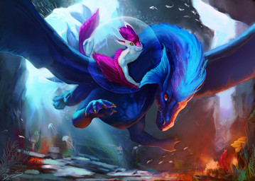 air_bubble ambiguous_gender anthro blue_body blue_fur bubble detailed_background duo feral fur hug male orange_eyes pink_body plant red_eyes riding rock sea seaweed shield tail underwater water dimonis mythology avali dragon mythological_creature mythological_scalie scalie 2022