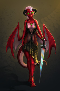 anthro areola areola_slip black_horn breasts clothed clothing female footwear green_eyes horn jewelry medium_breasts melee_weapon membrane_(anatomy) membranous_wings navel nipples non-mammal_breasts non-mammal_navel non-mammal_nipples pink_body pink_scales red_body red_scales sandals scales shoes skimpy skimpy_dress solo sword weapon wings thandor european_mythology mythology elodrea_(jackwolf) dragon mythological_creature mythological_scalie scalie western_dragon 2:3 absurd_res hi_res