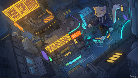 anthro backpack barefoot bottomwear city clothed clothing detailed_background feet hoodie male pants rope tightrope topwear beckowaffle domestic_cat felid feline felis mammal 16:9 absurd_res hi_res widescreen