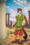 3_toes anthro armor barefoot clothing feet greaves hand_on_hip looking_away male melee_weapon outside plantigrade ruins sabre_(weapon) shirt sleeveless solo sword toes topwear tunic warrior weapon cira_nova mammal mustelid musteline stoat true_musteline weasel 2019 hi_res