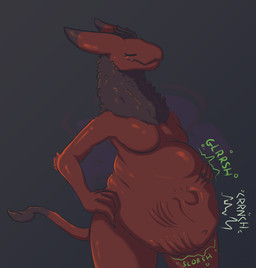 anthro belly big_belly bone bone_breaking bones_in_stomach crunch digestion fatal_vore female fur red_body red_fur rumbling_stomach simple_background sloshing_belly solo unseen_prey vore awholelotofrats harlow_(aircooledrats) mammal splynter