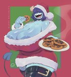 areola big_breasts blue_body breasts christmas_clothing christmas_headwear cleavage clothed clothing cookie female food hair hair_over_eyes hat headgear headwear holidays huge_breasts mature_female not_furry santa_hat solo spade_tail tail thick_thighs peculiart christmas sue_(peculiart) demon demon_humanoid humanoid 2022 digital_media_(artwork)