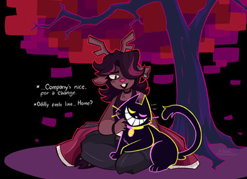 ambiguous_gender anthro black_background black_body black_hair brown_body duo female feral hair horn petting plant purring simple_background sitting text tree stephsartlab alice_in_wonderland deltarune undertale_(series) dess_holiday friend_(deltarune) cheshire_cat_(species) deer domestic_cat felid feline felis mammal new_world_deer reindeer 11:8 2025 english_text hi_res signature