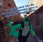 alcohol alley alternative_fashion anthro back_alley beer beverage brick_wall ear_piercing ear_ring furgonomics furry-specific_piercing graffiti green_body hair industrial_piercing male pallet photo_background piercing punk purple_hair ring_piercing running solo tail tail_piercing text trash wall_(structure) artofpons haifisch_(redscotfox) fish mackerel_shark marine shark thresher_shark absurd_res draw_over english_text hi_res meme photography_(artwork)