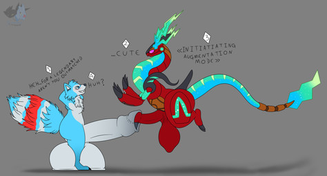 anthro artist_watermark balls big_balls big_penis blue_body blue_fur dialogue duo eye_contact foreskin foreskin_play fur genitals grey_background grey_body grey_fur huge_balls huge_penis hyper hyper_balls hyper_genitalia hyper_penis long_tail looking_at_another male male/male mouth_closed multicolored_tail penis purple_sclera red_body red_fur scrotum_flap shadow simple_background smile tail teeth teeth_showing text leskarmory nintendo pokemon future_pokemon generation_9_pokemon legendary_pokemon miraidon paradox_pokemon pokemon_(species) ultimate_mode_miraidon absurd_res english_text hi_res watermark