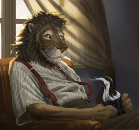 anthro bottomwear brown_body brown_fur chair clothed clothed_anthro clothed_male clothing container cup curtains detailed_background elderly_anthro elderly_male fur furniture holding_container holding_cup holding_mug holding_object male male_anthro mug pants relaxing shirt sitting solo steam suspenders topwear window kaltag1925 felid lion mammal pantherine hi_res