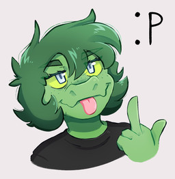 5_fingers anthro bangs blep eyelashes female fingers freckled_face freckles gesture green_body green_hair green_scales grey_background grey_eyes hair hand_gesture middle_finger scales short_hair simple_background smile solo tear_trough tongue tongue_out yellow_sclera paperloops cavemanon_studios i_wani_hug_that_gator olivia_halford baryonyx dinosaur prehistoric_species reptile saurischian scalie spinosaurid theropod 2024 digital_drawing_(artwork) digital_media_(artwork)