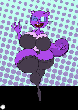 4_fingers anthro belly bra breasts buckteeth clothing countershade_belly countershade_breasts countershading curvy_figure eyelashes eyewear female fingers flat_tail footwear fur gesture glasses halftone_background heart_nose heart_symbol legwear logo navel one_eye_closed open_mouth open_smile pattern_background purple_body purple_fur simple_background smile socks solo teeth text thick_thighs thigh_highs thigh_socks thong underwear walking waving whiskers wide_hips wink thatdawgmurray happy_tree_friends euthymia_(subzerowizardo) mammal mustelid otter aliasing artist_logo artist_name digital_media_(artwork) halftone hi_res signature