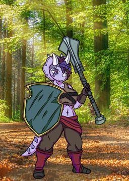 3_horns anthro big_breasts breasts clothing crop_top eyelashes female forest forest_background frill_(anatomy) hair hair_over_eye horn long_tail midriff multi_horn nature nature_background navel one_eye_obstructed outside photo_background plant purple_body purple_eyes purple_hair purple_scales scales shield shirt short_hair smile solo tail text topwear tree weapon goster40k cavemanon_studios goodbye_volcano_high ko_op_(game_developer) snoot_game trish_(gvh) ceratopsian ceratopsid chasmosaurine dinosaur marginocephalian ornithischian prehistoric_species reptile scalie triceratops 2023 artist_name digital_drawing_(artwork) digital_media_(artwork) hi_res photography_(artwork) signature