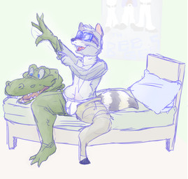 alligator_costume anthro bed bulge clothed clothing costume dressing eyewear furniture glasses grey_sheets male markings open_mouth pillow sitting smile solo striped_markings stripes topless topless_anthro topless_male underwear white_clothing white_pillow white_underwear y-fronts cameroo larathelabrat mammal procyonid raccoon