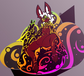 4_fingers abstract_background andromorph anthro bat_nose big_ears butt butt_from_the_front collar collar_only eyeless fingers flat_chested fur genderfluid genitals gesture hair hand_gesture huge_egg hyper_egg ink inner_ear_fluff intersex long_hair multicolored_body nude presenting rainbow_colors red_body red_fur sitting_on_egg smile smiling_at_viewer solo spread_legs spreading thick_thighs tuft two_tone_body v_sign vulva white_hair winged_arms wings conditional_dnp lodi_(artist) lodi_(character) bat demon mammal hi_res signature nonbinary_(lore)