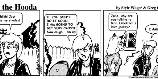 angry anthro breasts building clothed clothed_female clothed_male clothing dialogue duo female fur hair house jacket male open_clothing open_jacket open_topwear outside plant shrub text topwear style_wager dela_the_hooda dela_aldershaw jake_mcross canid canine fox hooda human mammal 2000 comic english_text greyscale monochrome