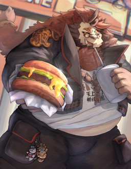 anthro belly beverage burger cheese dairy_products eyewear food fur horn male orange_body orange_fur overweight soda solo sunglasses tusks dagehot xxl_woofia suichong nian_(species) absurd_res hi_res