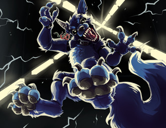 action_pose anthro bared_teeth black_eyes black_nose blue_body blue_fur cable cheek_tuft claws digitigrade dipstick_tail exposed_endoskeleton facial_tuft feet fluffy fluffy_tail foot_focus fur grey_pawpads head_tilt jumping light light_streak looking_at_viewer looking_down low-angle_view machine male male_anthro markings nude open_mouth pawpads pose sharp_teeth solo tail tail_markings teeth tuft shad_noise kotiyo animatronic canid canine fox mammal robot 2025 lighting