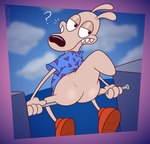 alternate_version_at_paywall anthro big_butt bottomless butt clothed clothing footwear gavanzude hi_res looking_back macropod male mammal marsupial nickelodeon question_mark raised_tail rear_view rocko's_modern_life rocko_rama shirt shoes sitting solo tail teeth thick_tail topwear wallaby