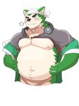 anthro belly blush bottomless clothed clothing clothing_lift electronics eyebrows fupa fur green_body green_fur headphones headphones_around_neck kerchief male musclegut muscular navel nipples pecs shirt shirt_lift solo thick_eyebrows topwear ho_jiro lifewonders live_a_hero mokdai canid canine canis domestic_dog mammal hi_res