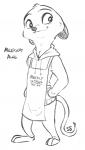 anthro apron barefoot biped clothed clothing feet hand_in_pocket happy hoodie male pockets simple_background smile solo standing text topwear white_background alec8ter conditional_dnp alec's_meerkat herpestid mammal meerkat 2017 black_and_white digital_media_(artwork) english_text monochrome signature