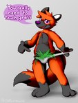 black_body black_fur clothing fur gesture grass hand_gesture humor looking_at_viewer orange_body orange_fur plant pointing pointing_at_crotch simple_background solo text underwear ohfourmouse canid canine fox mammal 2022 3:4 english_text hi_res