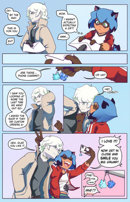 accessory age_difference anthro birthday blue_hair breasts bunny_ears_(gesture) cellphone clothed clothing dialogue duo electronics facial_markings female gesture gift giving_gift gloves_(marking) hair happy head_markings heart_symbol holding_cellphone holding_letter holding_object holding_phone holding_smartphone hug human_on_anthro interspecies jacket kiss_on_lips kissing kissing_cheek letter love male male/female markings mask_(marking) neck_scar older_human older_male open_mouth open_smile orange_body pale_skin phone phone_charm romantic romantic_couple scratching_head shirt short_hair simple_background smartphone smile speech_bubble taking_picture taking_selfie talking_to_another text thought_bubble thoughts topwear white_hair younger_anthro younger_female high5art brand_new_animal studio_trigger michiru_kagemori shirou_ogami canid canine human mammal raccoon_dog tanuki 2026 absurd_res comic english_text hi_res