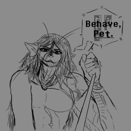 anthro black_eyes hair leash leash_pull looking_at_viewer male mechanical_arm nude solo talking_to_viewer whiskers kawattame voices_of_the_void alien ariral felid feline mammal digital_drawing_(artwork) digital_media_(artwork) monochrome