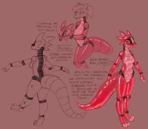anthro armor blush bound breath clothing duo encasement female female/female glistening glistening_body headgear helmet machine screen screen_face suit tail text thick_tail tongue tongue_out banderi kudos animate_inanimate kobold living_armor living_clothing robot scalie absurd_res english_text hi_res model_sheet