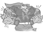 anthro big_muscles cape clothed clothing gloves hands_on_hips handwear huge_muscles hyper hyper_muscles male muscular muscular_anthro muscular_male solo torn_clothing eda canid canine mammal 4:3 hi_res monochrome sketch