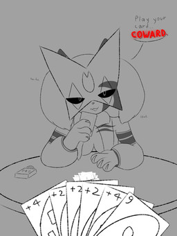 anthro black_eyes breasts dialogue female fur fur_markings furniture grey_background markings paws simple_background smile smirk solo table text shay_the_one nintendo pokemon uno generation_9_pokemon meowscarada pokemon_(species) 3:4 english_text greyscale hi_res meme monochrome