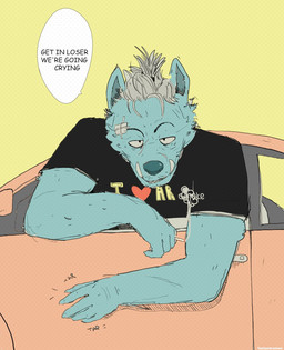 anthro bandage bandage_on_face black_clothing black_shirt black_topwear blue_body blue_fur blue_nose car cigarette clothing dialogue fur grey_hair hair half-closed_eyes heart_symbol holding_cigarette holding_object looking_at_viewer male male_anthro narrowed_eyes shirt simple_background solo speech_bubble talking_to_viewer text text_on_clothing text_on_shirt text_on_topwear topwear vehicle yellow_background 1nstantramen canid canine mammal 2020 digital_media_(artwork) english_text hi_res