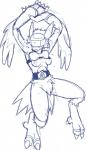 anthro armor belt big_feet blush breasts breath claws fangs feathered_wings feathers feet female hair headgear helmet long_ears nipples obstructed_eyes panting simple_background solo teeth toe_claws visor wings mesozoid bandai_namco digimon digimon_(species) silphymon blue_and_white hi_res monochrome sketch