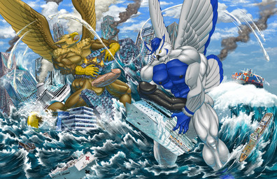 5_fingers abs anthro balls beak biceps biped bodily_fluids brown_body brown_fur building building_destruction building_penetrated building_sex city city_background city_crushing city_destruction cityscape claws crush cum cumshot destruction duo ejaculation erection feathered_wings feathers finger_claws fingers fur genital_fluids genitals house humanoid_genitalia humanoid_penis landscape_dwarfing macro macro_anthro macro_male male muscular muscular_anthro muscular_male nude open_mouth outside pecs penile penis rampage sea ship sky smile tail vehicle vehicle_destruction vehicle_penetrated vein veiny_penis water watercraft white_body wings kain3 mythology carpo sova avian bird gryphon mythological_avian mythological_creature owl hi_res