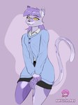 anthro clothed clothing femboy male pose simple_background solo sweater_dress amylith niradami domestic_cat felid feline felis mammal absurd_res hi_res watermark