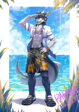 anthro blue_body blue_fur blue_hair blue_tail blush bottomless cheek_tuft chest_tuft clothed clothing facial_tuft fingerpads fur green_eyes green_markings green_pawpads green_tail hair hand_on_hip horn looking_at_viewer male markings neck_tuft open_clothing open_mouth open_smile open_topwear outside pawpads short_hair smile solo standing swimming_trunks swimwear tail topwear tuft white_body white_fur white_horn white_tail papayafurry mythology dragon furred_dragon furred_scalie mythological_creature mythological_scalie scalie 2024 dated hi_res signature