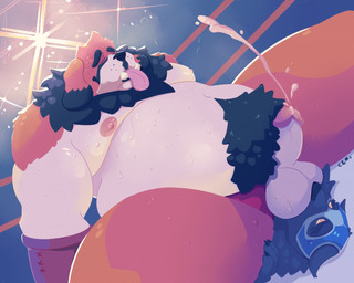 anthro belly black_eyebrows black_nose black_pubes bodily_fluids cum cumshot dipstick_ears duo ear_markings ejaculation eyebrows eyes_closed fighting_ring fur genital_fluids grey_body grey_fur head_tuft inside lying male moobs multicolored_ears nipples nude obese obese_anthro obese_male on_back open_mouth orange_body orange_eyes orange_fur overweight overweight_anthro overweight_male pink_nipples pink_tongue pubes sweat sweaty_belly sweaty_face sweaty_legs tea_bagging tongue tongue_out tuft white_body white_fur chocolateandmilk canid canine canis domestic_dog mammal 2018
