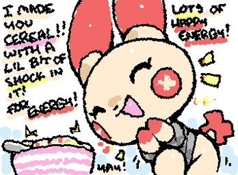 ambiguous_anthro ambiguous_gender anthro biped black_text bowl cereal cheek_markings chibi clothed clothed_ambiguous clothed_anthro clothing container dialogue emanata exclamation_point eyelashes eyes_closed facial_markings featureless_hands food hands_together head_markings markings open_mouth open_smile red_ears smile solo squigglevision tail talking_to_viewer tan_body text ligma_(artist) nintendo pokemon generation_3_pokemon plusle pokemon_(species) 2026 animated digital_media_(artwork) english_text flat_colors low_res wigglypaint_(artwork)