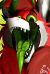 black_eyes black_lips ear_tuft fangs fluffy fur green_mouth green_sclera horn lips looking_at_viewer male neck_tuft red_body red_fur smile solo teeth throat tongue tuft white_body white_fur jeany545 mythology pixie_(pixiemiata) dragon furred_dragon furred_scalie mythological_creature mythological_scalie scalie hi_res