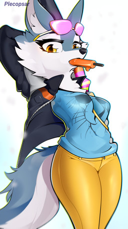 anthro bottomwear clothed clothing eyewear female food glasses jacket pants popsicle pose shirt solo standing stretching t-shirt topwear plecopsar illumination_entertainment sing_(movie) porsha_crystal canid canine canis mammal wolf 4k 9:16 absurd_res hi_res pinup shaded