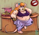 2020 anthro belly big_belly big_breasts bottomwear breasts chip_'n_dale_rescue_rangers chubby_cheeks cleavage clothed clothing crop_top deep_navel dessert detailed_background disney doughnut doughnut_box eating eyeshadow eyewear eyewear_on_head female food fur gadget_hackwrench goggles goggles_on_head hair half-closed_eyes hi_res holding_doughnut holding_food holding_object huge_breasts inside leaning_on_object makeup mammal mascara midriff mouse murid murine narrowed_eyes navel no_smoking obese obese_anthro obese_female oil on_one_leg orange_hair overweight overweight_anthro overweight_female pants pastry rodent royaljellysandwich shirt solo standing sweatpants tan_body tan_fur thick_thighs topwear
