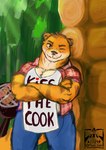 anthro apron belly_overhang biceps blush blush_lines bottomwear chest_fur chest_tuft clothed clothing crossed_arms denim denim_bottomwear denim_clothing digital_drawing_(artwork) digital_media_(artwork) flannel_shirt forest fur grilling jeans log_cabin looking_at_viewer male malle_yeno mammal musclegut muscular muscular_male mustelid one_eye_closed open_clothing open_shirt open_topwear otter pants pecs plant shirt smile smiling_at_viewer smirk smirking_at_viewer striped_body striped_fur stripes topwear tree tuft wink winking_at_viewer