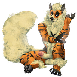 anthro anthrofied arm_tuft athletic athletic_anthro athletic_male balls black_body black_fur erection fluffy fluffy_tail foreskin fur genitals gradient_penis green_eyes humanoid_genitalia humanoid_penis looking_at_viewer male male_anthro neck_tuft nude nude_anthro nude_male orange_body orange_fur partially_retracted_foreskin pawpads penis pink_penis pokemorph simple_background sitting solo striped_body striped_fur stripes tail tan_body tan_fur tan_penis teeth tuft whisker_spots white_background i-psilone nintendo pokemon deeno_(deenotaur) arcanine generation_1_pokemon pokemon_(species) 1:1 2020 hi_res