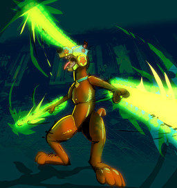 anthro chainsaw chainsaw_arm collar collar_only collar_tag fangs fur male mostly_nude nude open_mouth power_tool solo standing tail teeth tongue tongue_out tools scudmum chainsaw_man hanna-barbera scooby-doo_(series) scooby-doo canid canine canis domestic_dog great_dane mammal mastiff molosser 2026 hi_res