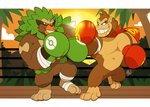 anthro boxing boxing_gloves brown_body brown_fur clothing duo fighting_ring fur green_hair grin hair handwear leaf leaf_hair male muscular muscular_male outside pecs plant plant_hair pseudo_hair smile sport hikazedragon donkey_kong_(series) nintendo pokemon donkey_kong_(character) generation_8_pokemon mammal pokemon_(species) primate rillaboom hi_res