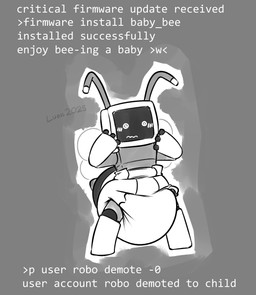 4_fingers >w< after_transformation ageplay ambiguous_gender antennae_(anatomy) anthro arthropod_abdomen blush blush_lines clothed clothing computer_virus_(program) dazed diaper diaper_only fingers for_a_head grey_background hand_on_face infantilism insect_wings machine roleplay simple_background solo standing stinger text topless wearing_diaper wings ludis-luteo arthropod bee hymenopteran insect object_head robot 2025 english_text greyscale hi_res monochrome signature