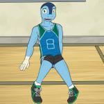 1:1 amphibian anthro anthrofied clothing froakie fuze generation_6_pokemon gym hi_res jockstrap male nintendo open_mouth pokemon pokemon_(species) pokemorph pose river_(fuze) shirt simple_background solo sport tank_top topwear underwear uniform volleyball