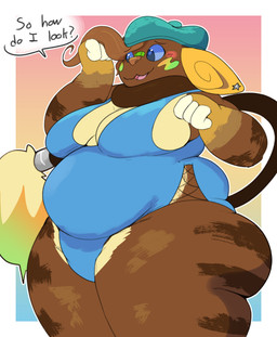 anthro bandage bandage_on_face bandage_on_nose beret big_breasts big_butt blue_eyes blue_sclera blush blush_stickers breasts brown_body brown_fur butt cleavage clothed clothing curvy_figure dewlap_(anatomy) ear_piercing ear_ring eyebrow_through_hair eyebrows female fur gloves_(marking) gradient_background hair hat headgear headwear long_tail markings multicolored_body multicolored_fur one-piece_swimsuit open_mouth overweight overweight_anthro overweight_female paint paintbrush_tail piercing pink_nose ring_piercing shy shy_smile simple_background smile solo swimwear tail tan_body tan_fur text thick_thighs three-quarter_view translucent translucent_hair unusual_eyes voluptuous yellow_body yellow_fur goopyarts nintendo pokemon alolan_form alolan_raichu generation_1_pokemon generation_2_pokemon generation_7_pokemon hybrid hybrid_pokemon pokemon_(species) regional_form_(pokemon) smeargle 2025 absurd_res english_text hi_res portrait three-quarter_portrait